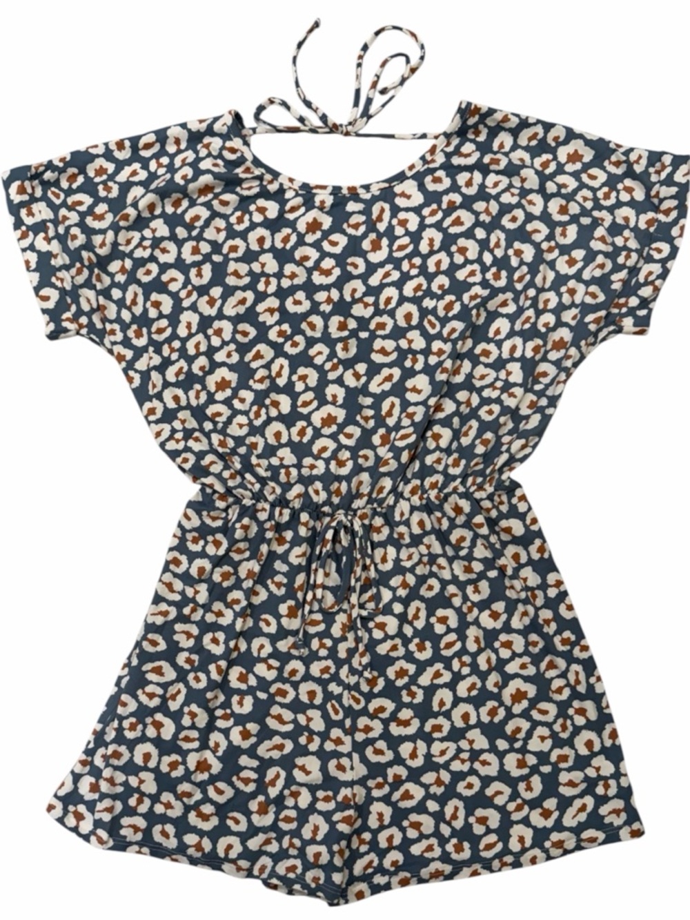 NWT Blue Leopard Romper Large Boho Beach Cinched Waist Open Back With Tie - Picture 3 of 7